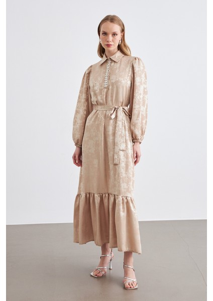 Mayra Taşlı Jakar Elbise - Bej