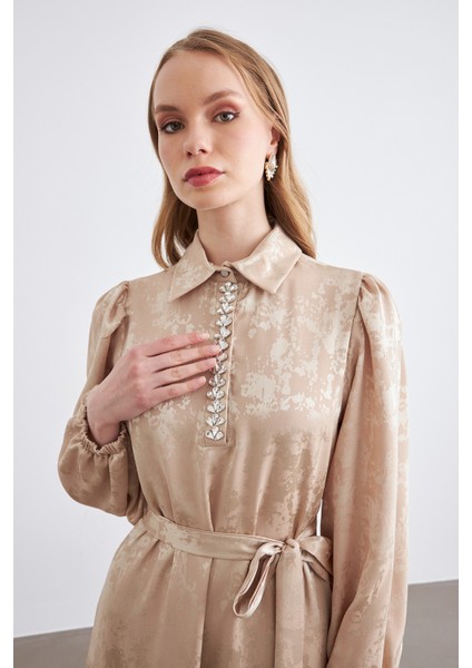 Mayra Taşlı Jakar Elbise - Bej fiyatları