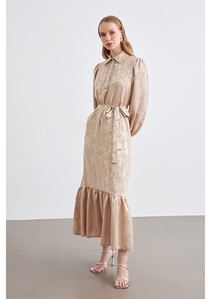 Mayra Taşlı Jakar Elbise - Bej modelleri