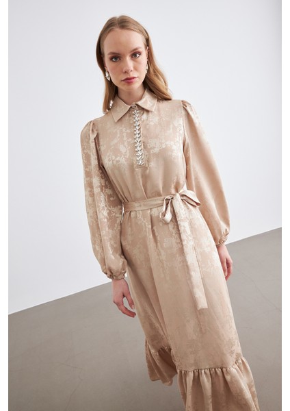 Mayra Taşlı Jakar Elbise - Bej fırsatları
