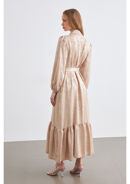 Mayra Taşlı Jakar Elbise - Bej indirimleri