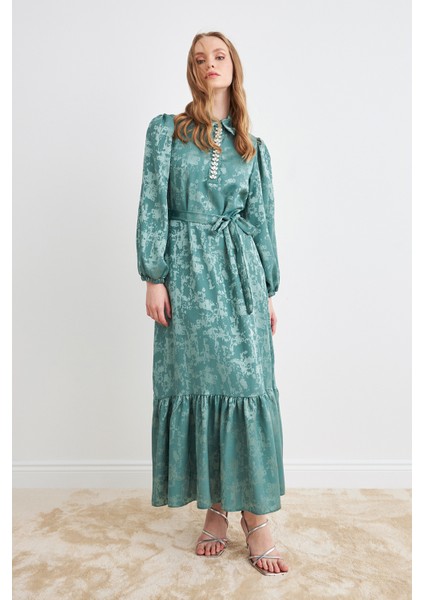 Mayra Taşlı Jakar Elbise - Mint