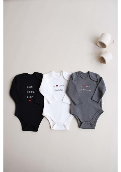 3lü Nakışlı Çıt Çıtlı Uzun Kollu Body Zıbın Set Model 7