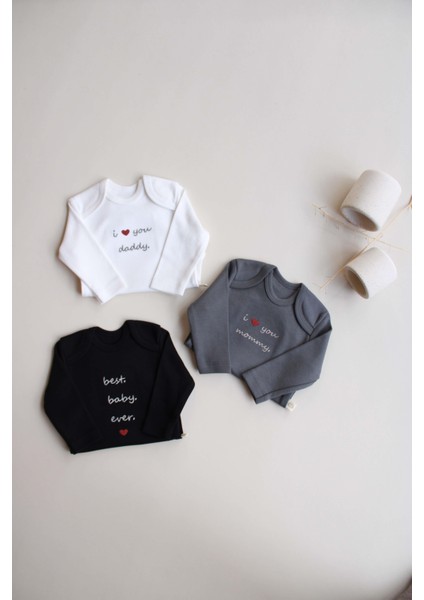 3lü Nakışlı Çıt Çıtlı Uzun Kollu Body Zıbın Set Model 7