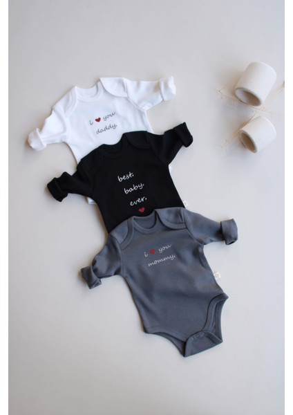 3lü Nakışlı Çıt Çıtlı Uzun Kollu Body Zıbın Set Model 7