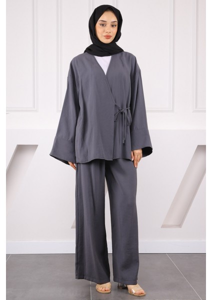 Haki Bel Bağlamalı Modal Kimono Pantolonlu Takım