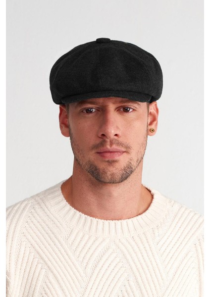İtalyan Kasket Siyah Erkek Şapka Yün Karışımlı Kasket