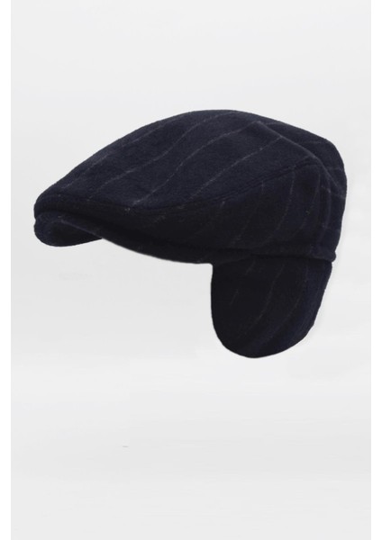 Erkek Balıksırtı Desenli Yün Lacivert Kulaklı Kasket Şapka
