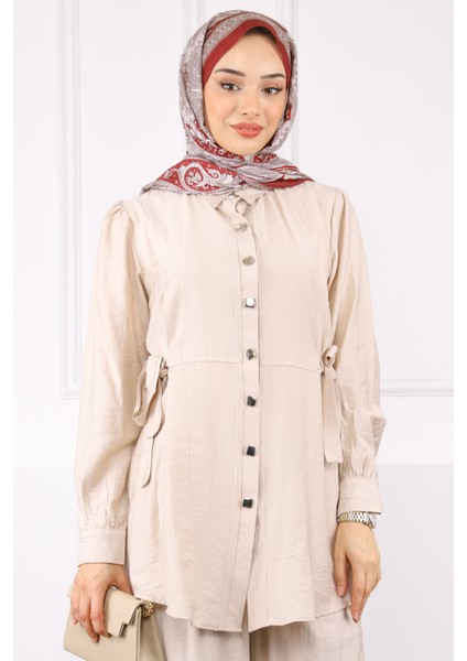Bej Bel Bağlamalı Tunik Pantolonlu Takım