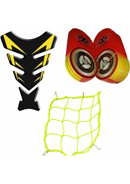Universal Motosiklet Sarı Aksesuar Seti (Jant Şeridi + Tankpad+Kask Filesi)