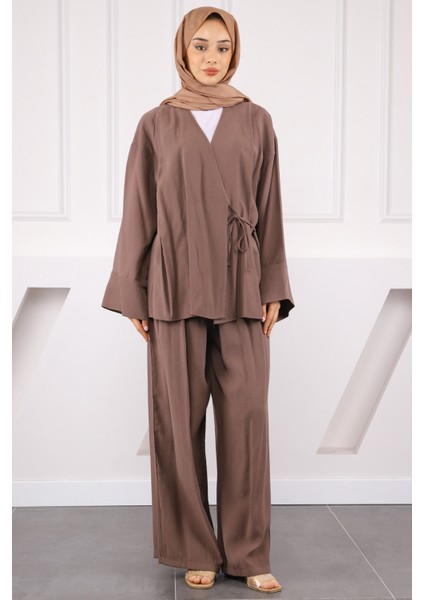 Vizon Bel Bağlamalı Modal Kimono Pantolonlu Takım