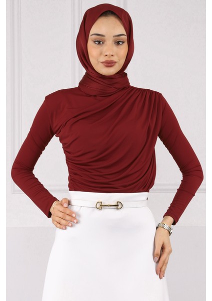 Bordo Önü Drapeli Sandy Bluz