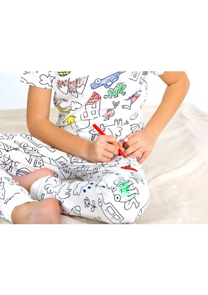 Kısa Kollu Özel Kalem Hediye Boyanabilir Kız Erkek Çocuk Pijama Takımı (Yıkama Sonrası Leke Bırakmaz) modelleri