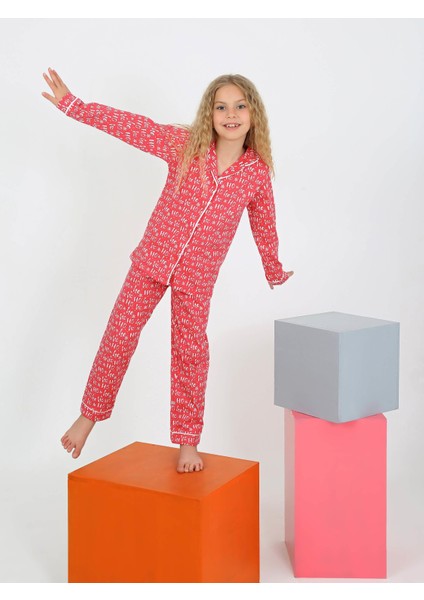 Düğmeli Kız Uzun Kollu 'hoho' Model Pijama Takımı