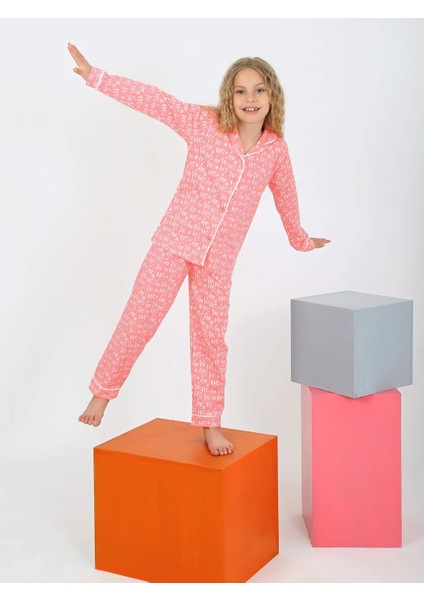 Düğmeli Kız Uzun Kollu 'hoho' Model Pijama Takımı