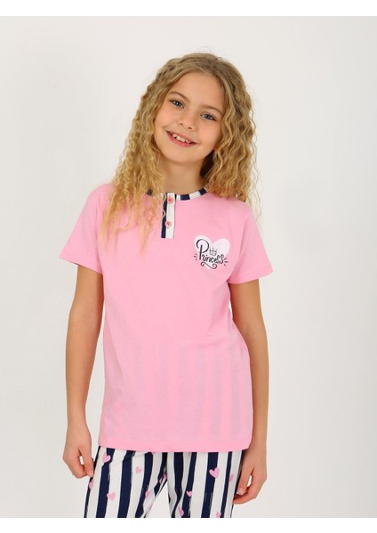 Kız Çocuk Kısa Kollu Düğme Detaylı %100 Pamuklu Pijama Takımı Princess Heart