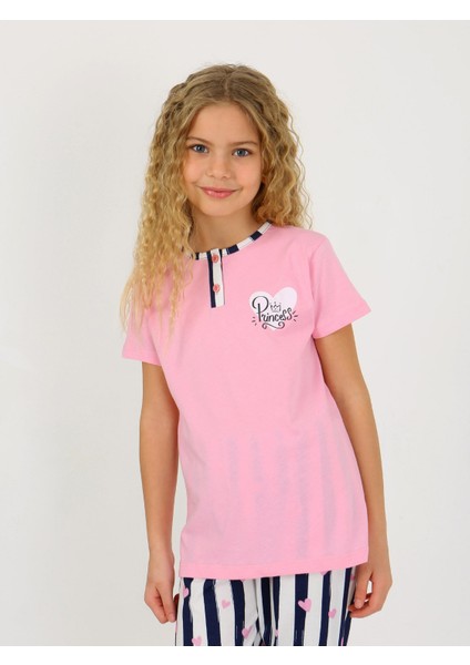 Kız Çocuk Kısa Kollu Düğme Detaylı %100 Pamuklu Pijama Takımı Princess Heart modelleri