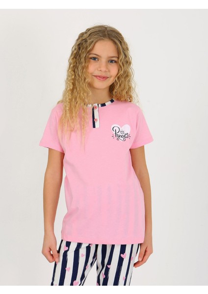 Kız Çocuk Kısa Kollu Düğme Detaylı %100 Pamuklu Pijama Takımı Princess Heart indirimleri