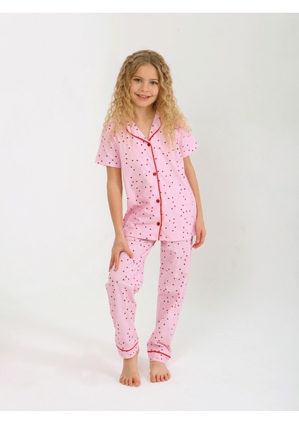 Kız Çocuk Kısa Kollu Düğmeli %100 Pamuklu Pijama Takımı Sera