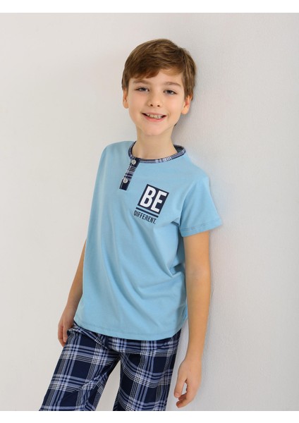 Erkek Çocuk Kısa Kollu Düğme Detaylı %100 Pamuklu Pijama Takımı Be