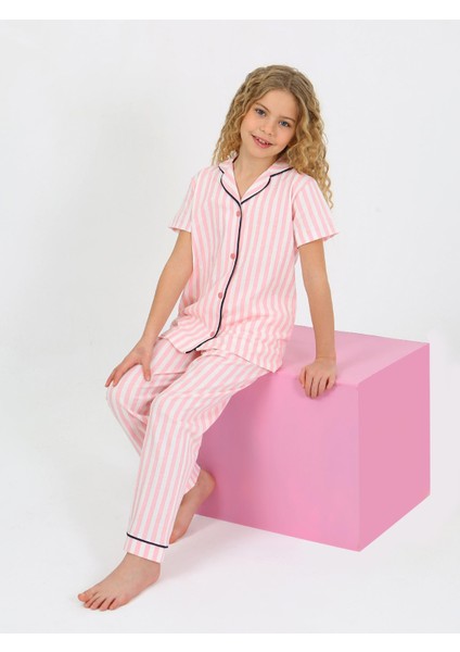Kız Çocuk Kısa Kollu Düğmeli %100 Pamuklu Pijama Takımı Pinky