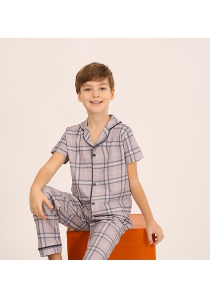 Erkek Çocuk Kısa Kollu Düğmeli %100 Pamuklu Pijama Takımı Cooper