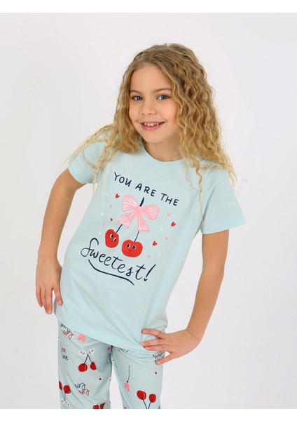 Kız Çocuk Kısa Kollu %100 Pamuklu Pijama Takımı Cherry