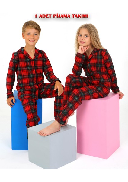 Kız / Erkek Çocuk Uzun Kollu Düğmeli Pamuklu Ekoseli Pijama Takımı