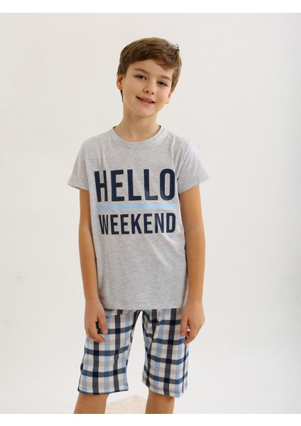 Erkek Çocuk Kısa Kollu Kapri %100 Pamuklu Pijama Takımı Hello Weekend