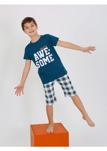 Erkek Çocuk Kısa Kollu Kapri %100 Pamuklu Pijama Takımı Awesome