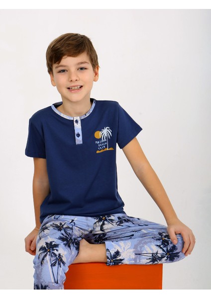 Erkek Çocuk Kısa Kollu Düğme Detaylı %100 Pamuklu Pijama Takımı The Palm