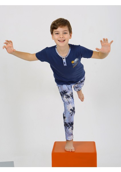 Erkek Çocuk Kısa Kollu Düğme Detaylı %100 Pamuklu Pijama Takımı The Palm modelleri