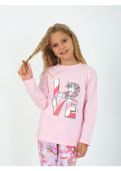 Kız Çocuk Uzun Kollu %100 Pamuklu Pijama Takımı Star Love Toz Pembe