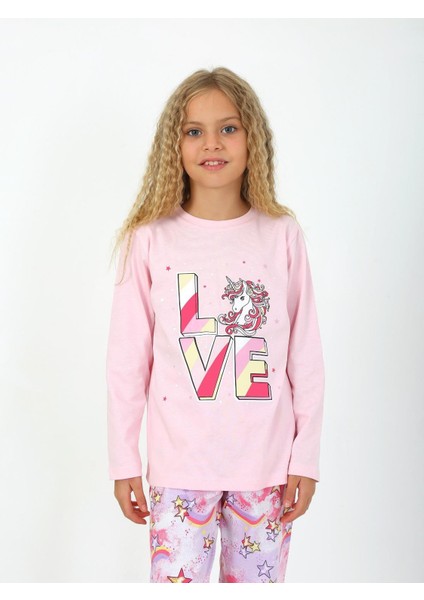 Kız Çocuk Uzun Kollu %100 Pamuklu Pijama Takımı Star Love Toz Pembe fiyatları