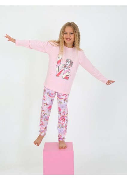 Kız Çocuk Uzun Kollu %100 Pamuklu Pijama Takımı Star Love Toz Pembe modelleri