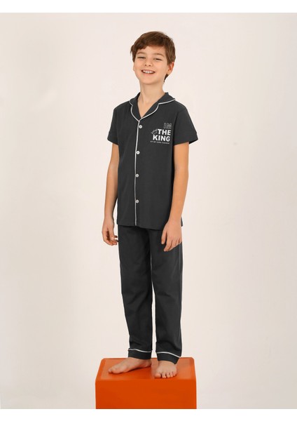 Erkek Çocuk Kısa Kollu Düğmeli %100 Pamuklu Pijama Takımı The King
