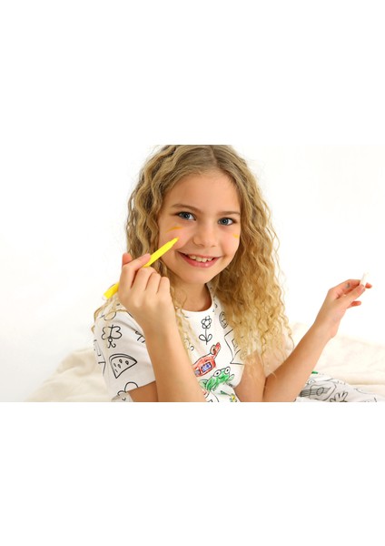 Kısa Kollu Özel Kalem Hediye Boyanabilir Kız Erkek Çocuk Pijama Takımı (Yıkama Sonrası Leke Bırakmaz) fırsatları
