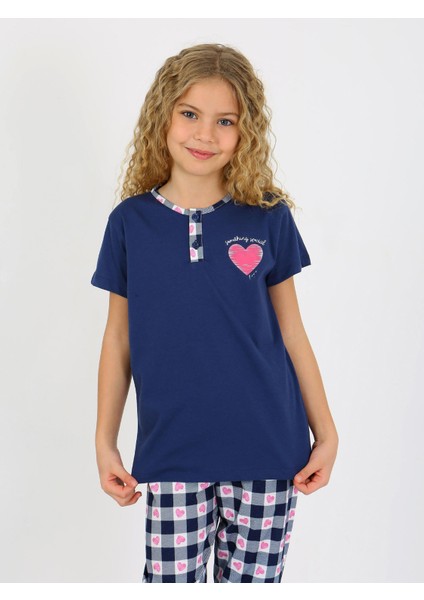 Kız Çocuk Kısa Kollu Düğme Detaylı %100 Pamuklu Pijama Takımı Special Love