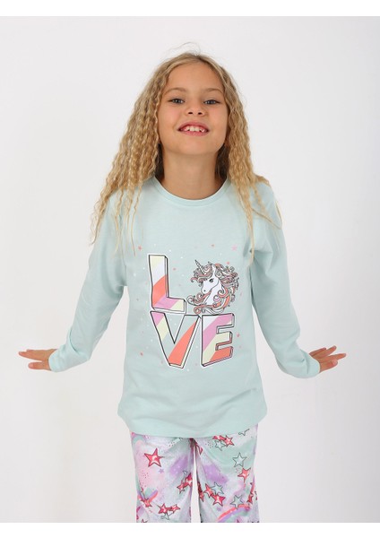 Kız Çocuk Uzun Kollu %100 Pamuklu Pijama Takımı Star Love Mint