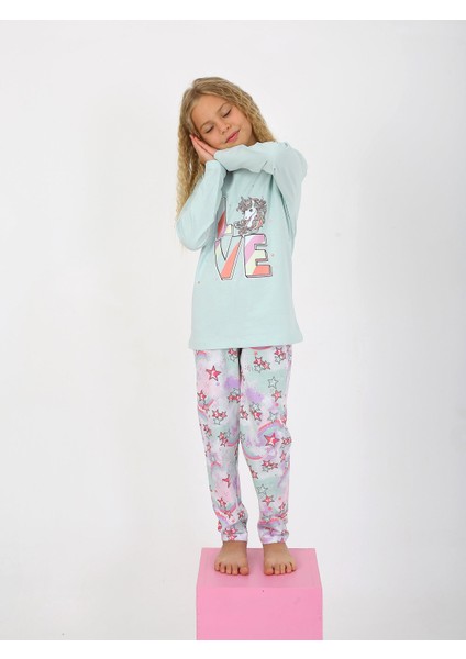 Kız Çocuk Uzun Kollu %100 Pamuklu Pijama Takımı Star Love Mint fiyatları
