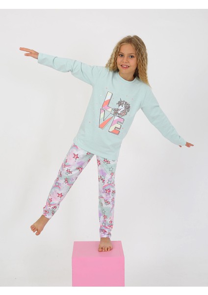 Kız Çocuk Uzun Kollu %100 Pamuklu Pijama Takımı Star Love Mint modelleri