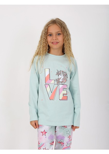 Kız Çocuk Uzun Kollu %100 Pamuklu Pijama Takımı Star Love Mint fırsatları