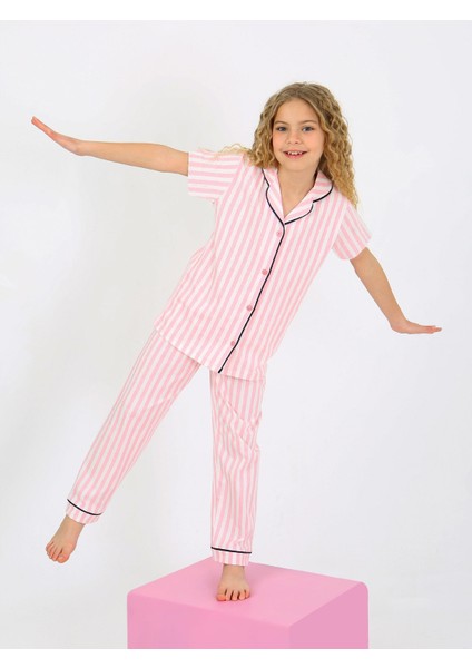 Kız Çocuk Kısa Kollu Düğmeli %100 Pamuklu Pijama Takımı Pinky