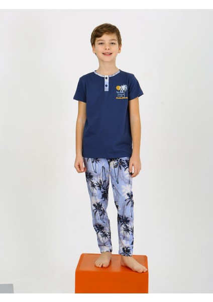 Erkek Çocuk Kısa Kollu Düğme Detaylı Pamuklu Pijama Takımı The Palm
