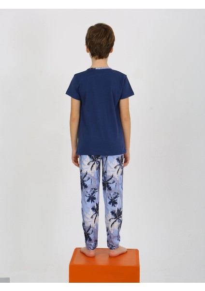 Erkek Çocuk Kısa Kollu Düğme Detaylı Pamuklu Pijama Takımı The Palm