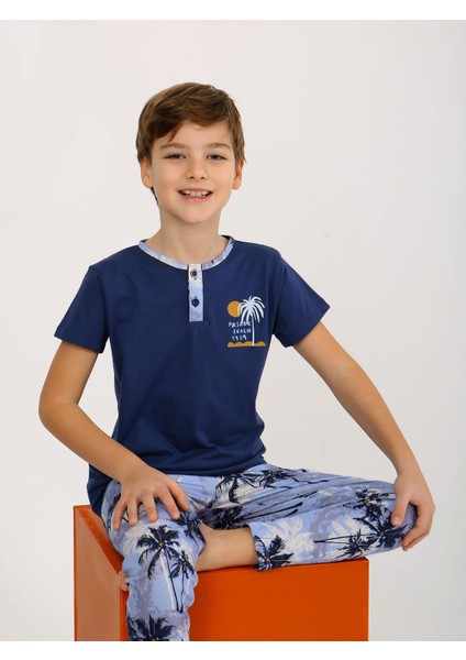 Erkek Çocuk Kısa Kollu Düğme Detaylı Pamuklu Pijama Takımı The Palm
