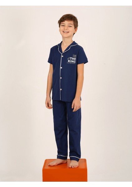 Erkek Çocuk Kısa Kollu Düğmeli %100 Pamuklu Pijama Takımı The King