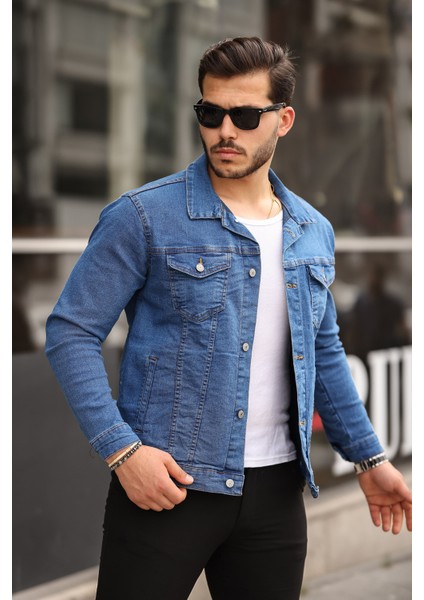 Slim Fit Denim Ceket Erkekler İçin %100 Pamuk Düz Desen Mavi Renk modelleri