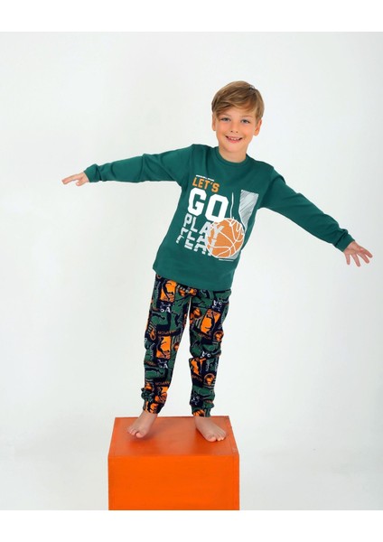 Erkek Çocuk Uzun Kollu %100 Pamuklu Pijama Takımı Go Play Yeşil