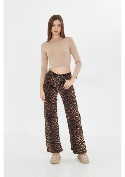 Kadın Leopar Desenli Yüksel Bel Geniş Paça Palazzo Pantolon